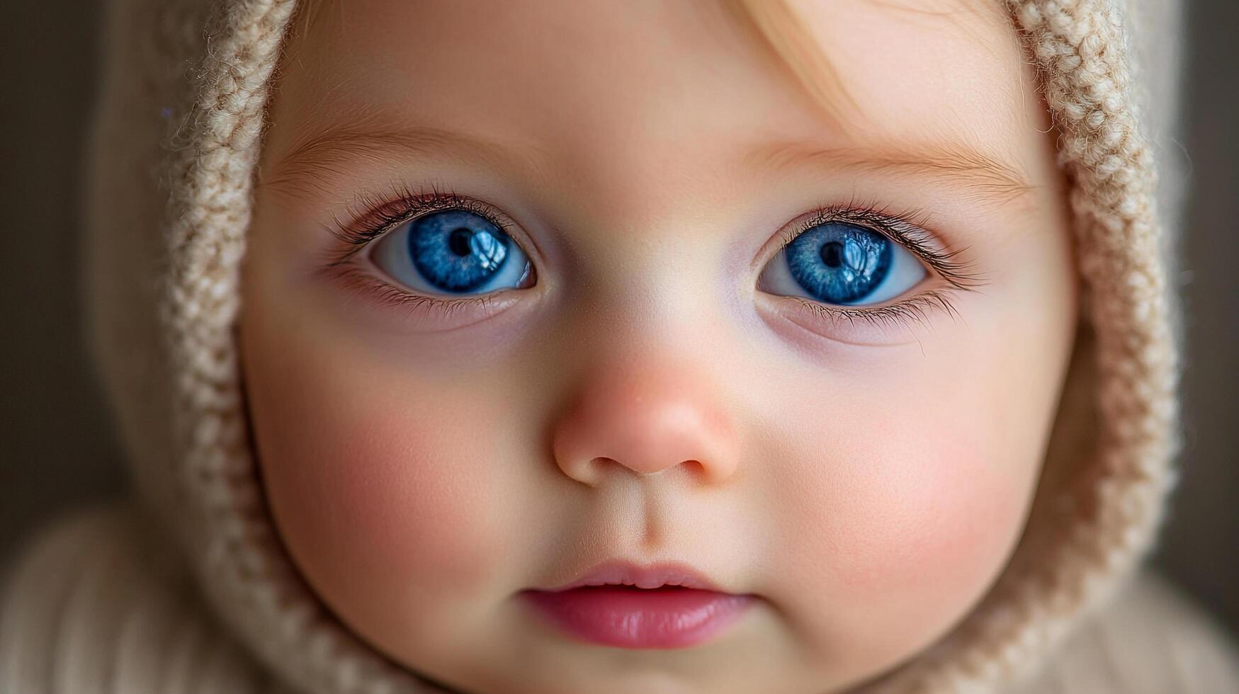 Close-up portrait of a baby with striking blue eyes, fair skin, and a knitted hood, capturing innocence and wonder with exceptional detail. photo