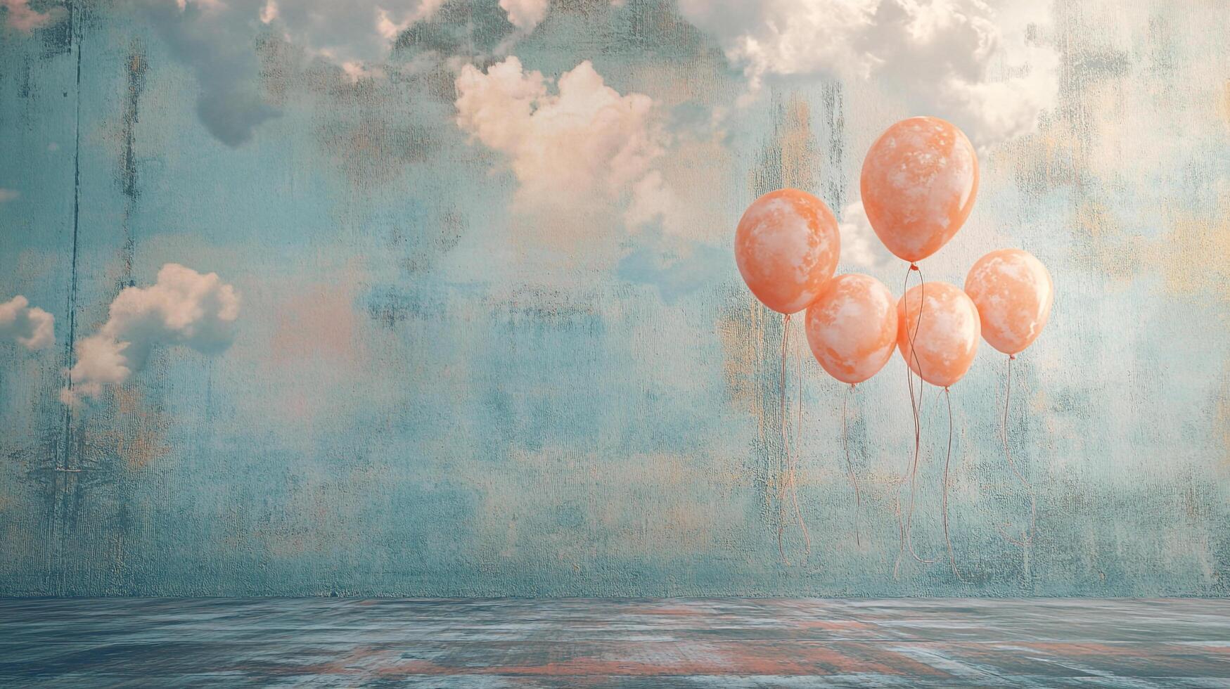 Whimsical peach-colored balloons floating against a textured, sky-like backdrop evoke a sense of lightness and dreams. photo