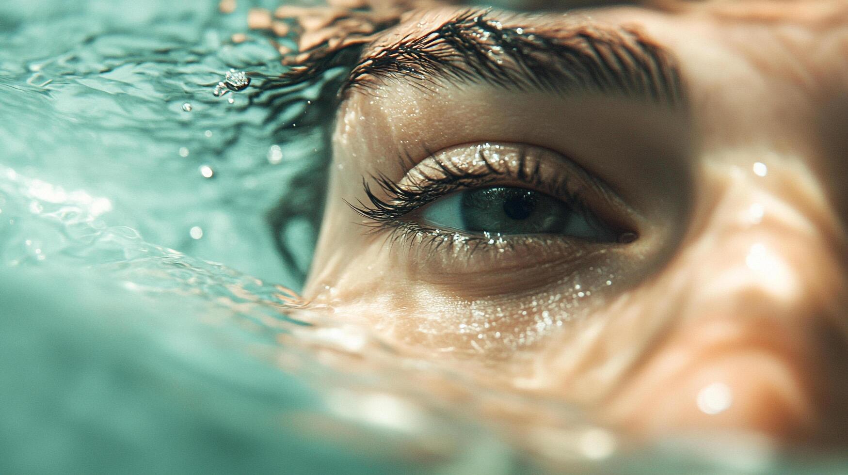 Close-up of a person's face with their eye visible underwater, with reflections creating a surreal and immersive aquatic experience. photo