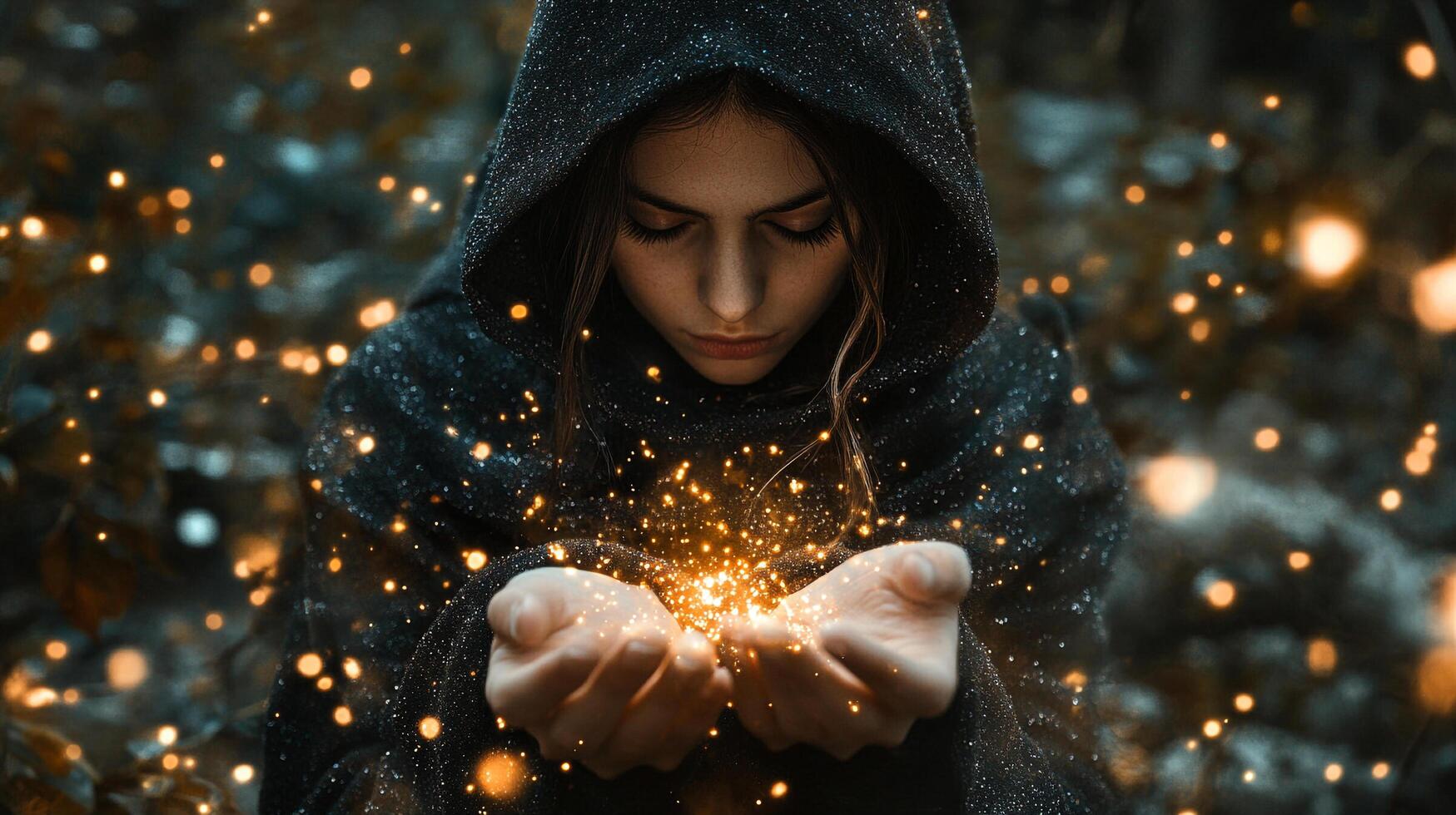 Mystical woman holding sparkling light in her palms, wearing a hooded cloak. Magic and mystery fill the ethereal scene. photo