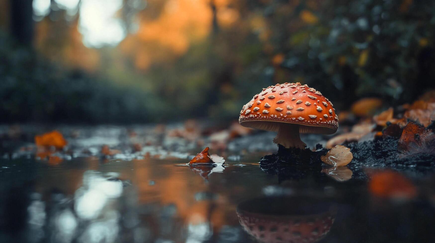 Mushroom's reflection in a puddle in the midst of autumn. Orange leaves are sprinkled around the mushroom, giving it a nice setting. photo