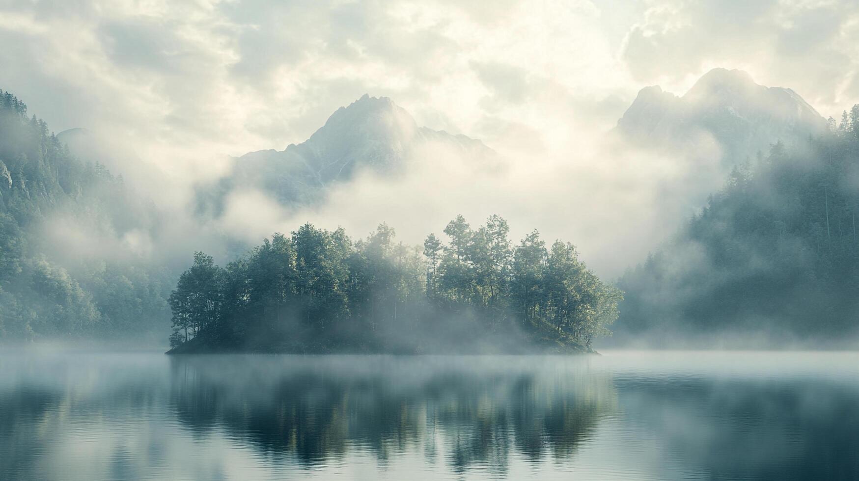 Misty lake landscape reflecting a forested island and distant mountains under a cloudy sky, creating a serene, ethereal scene. photo