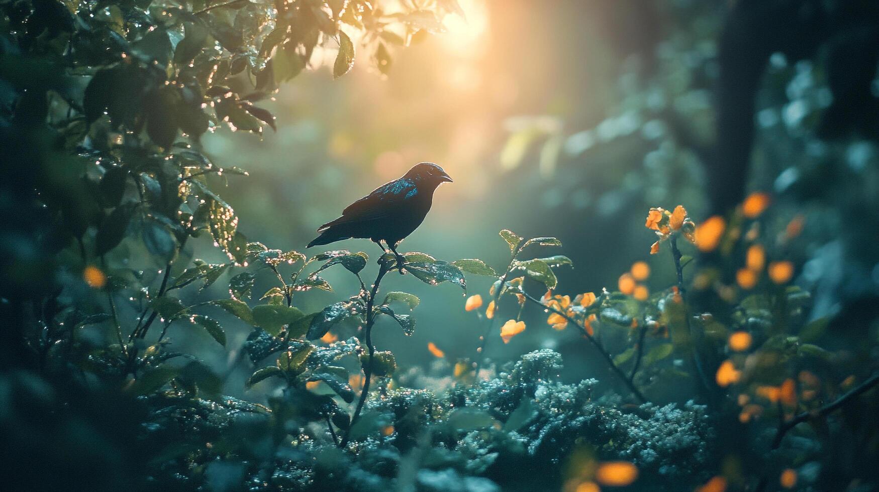 Bird perched on a dewy branch bathed in ethereal sunlight, nature's tranquility captured in this serene forest scene. photo