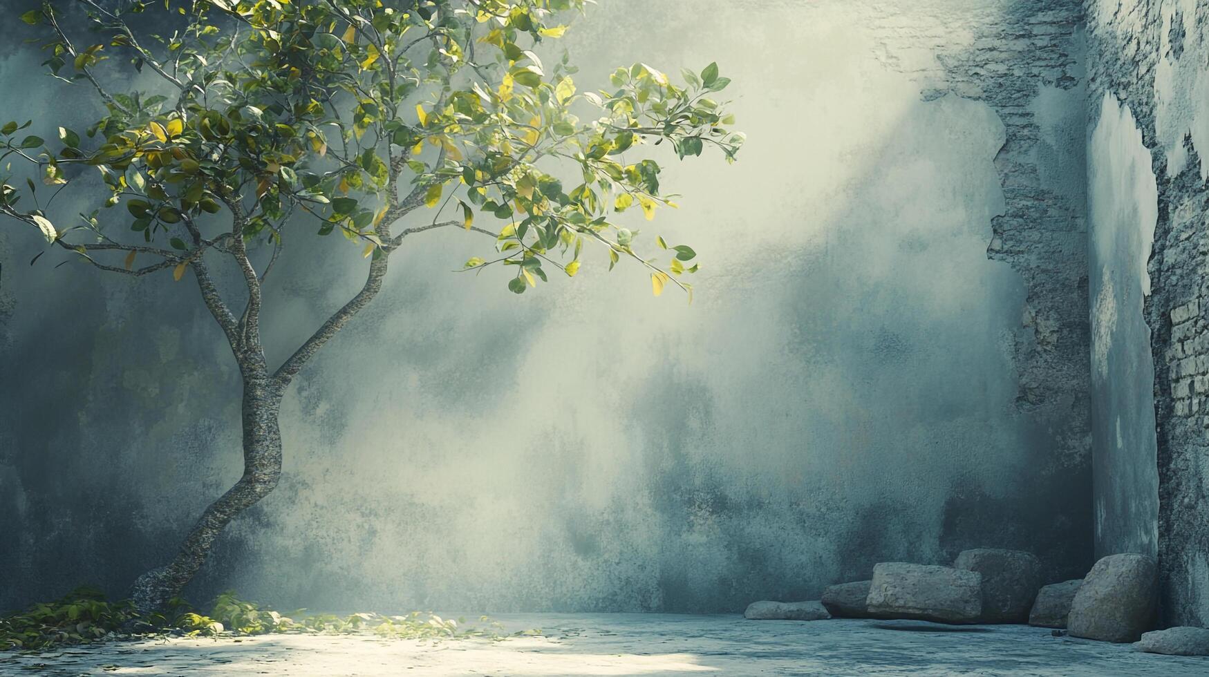 A serene escape featuring a lone tree bathed in sunlight against aged walls, evokes tranquility in a peaceful, architectural setting. photo