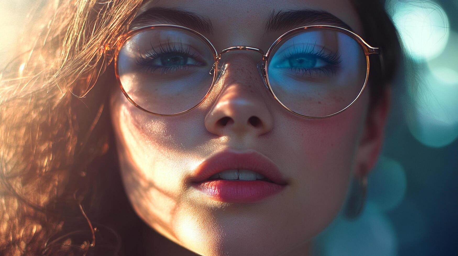 A close-up captures the delicate features of a person with round framed glasses, freckles, and soft lighting, emphasizing their gentle gaze. photo