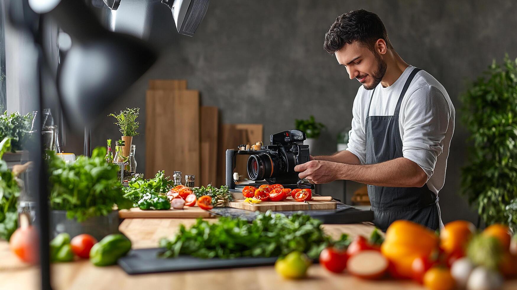 Food photographer prepares to capture vibrant, fresh produce in a bright, modern kitchen setting. Delicious and professional in every way. photo