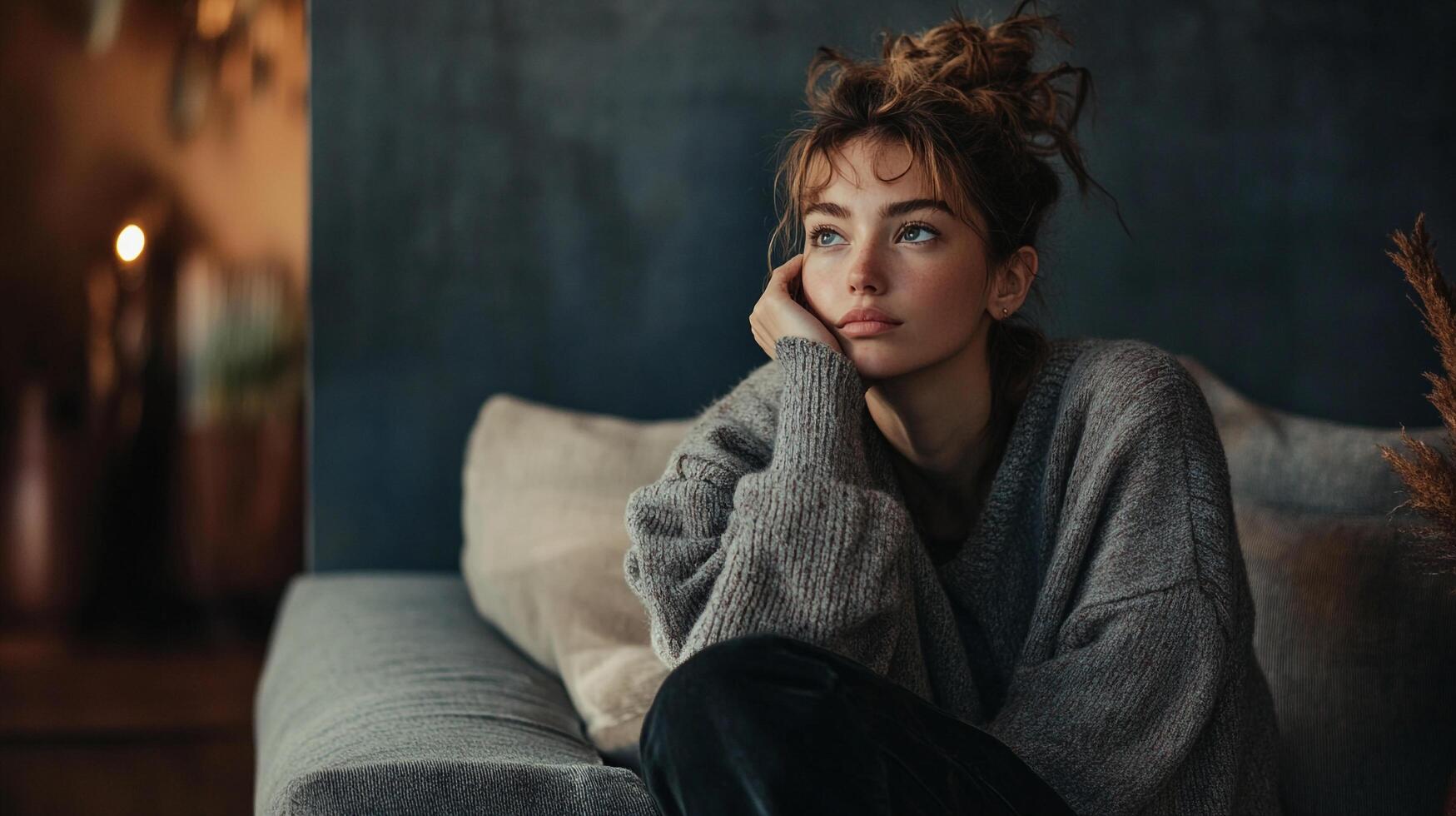 Lost in thought, a woman with hazel eyes gazes into the distance, her hand gently supporting her face, a soft expression on her face. photo