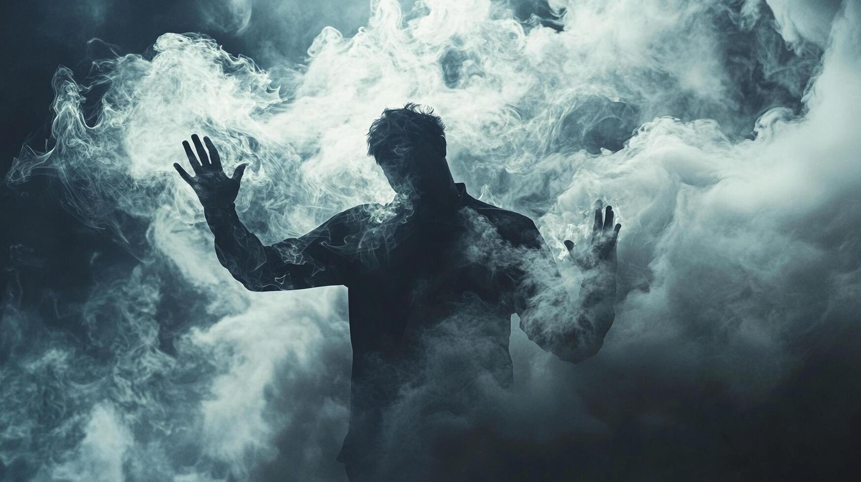 Ethereal figure emerging from smoke, arms raised in surrender or acceptance, shrouded in mystery and dramatic lighting. Intense and surreal. photo