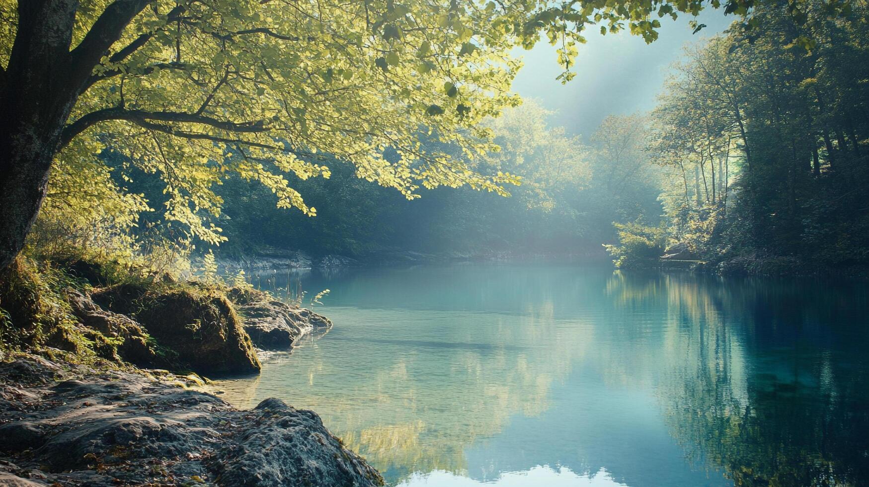 Tranquil lake surrounded by lush forest, its serene waters reflecting the vibrant greenery under the soft, filtered sunlight. photo