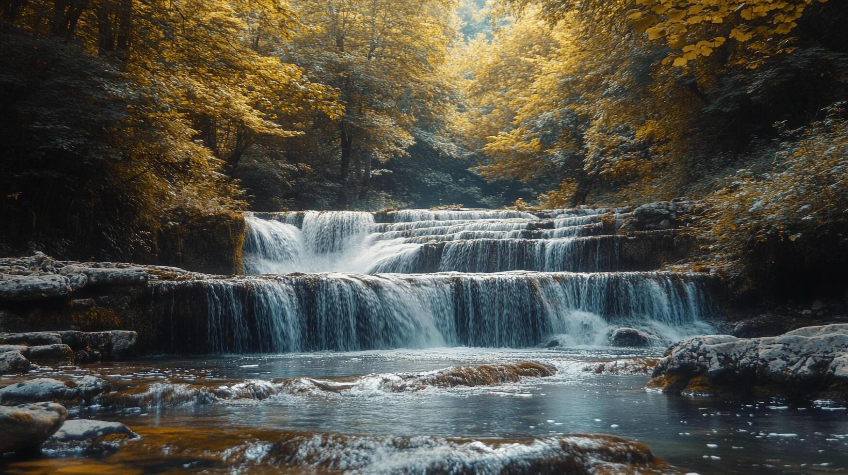 Cascading waterfall amidst autumnal trees, creating a serene and picturesque natural scene. Water flows smoothly over rocks. photo