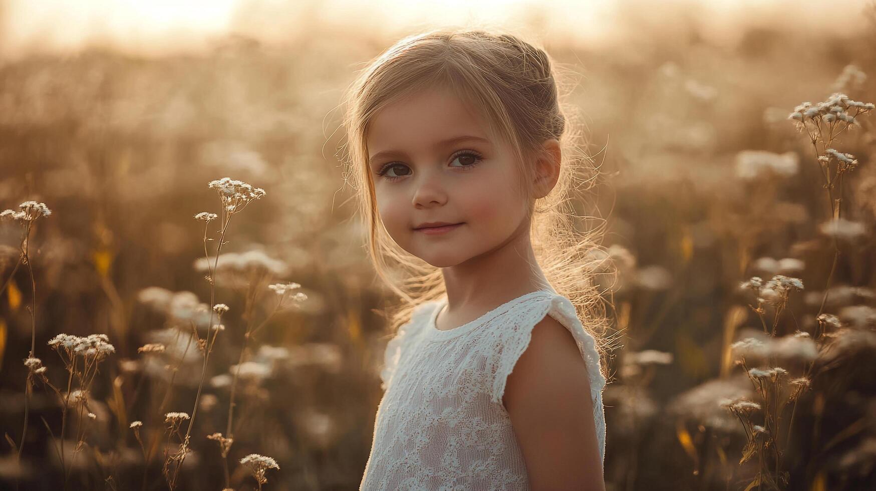 Young girl in a field of wildflowers at sunset, serene and peaceful. Her blonde hair catches the golden light. Summer's beauty shines through. photo