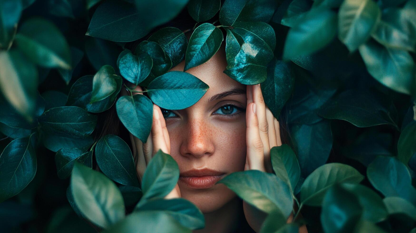 Enigmatic beauty framed by emerald leaves, her gaze captivating and her freckles catching the light. A portrait of natural allure. photo