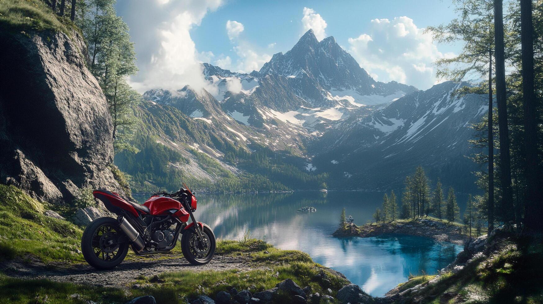 A red motorcycle is parked with a stunning vista of a serene lake and towering, snow-capped mountains in the background on a bright day. photo