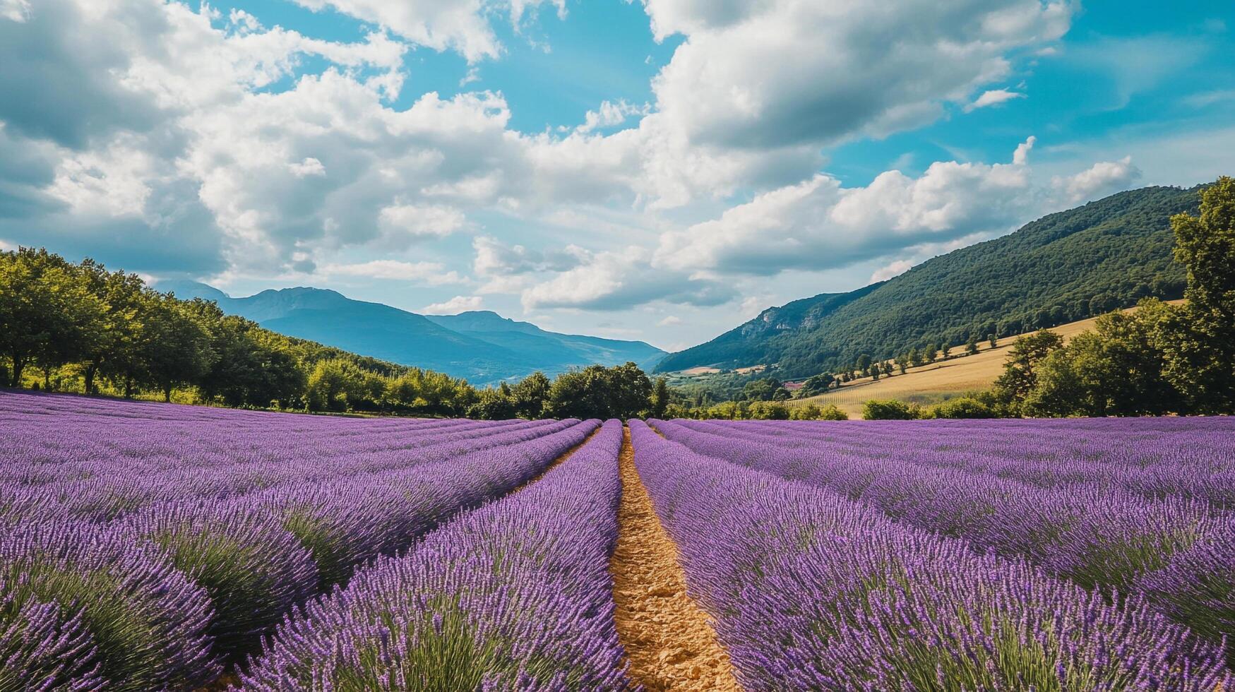 Scenic lavender field under a bright sky with mountain backdrop, rows of flowers creating a stunning picturesque landscape. photo
