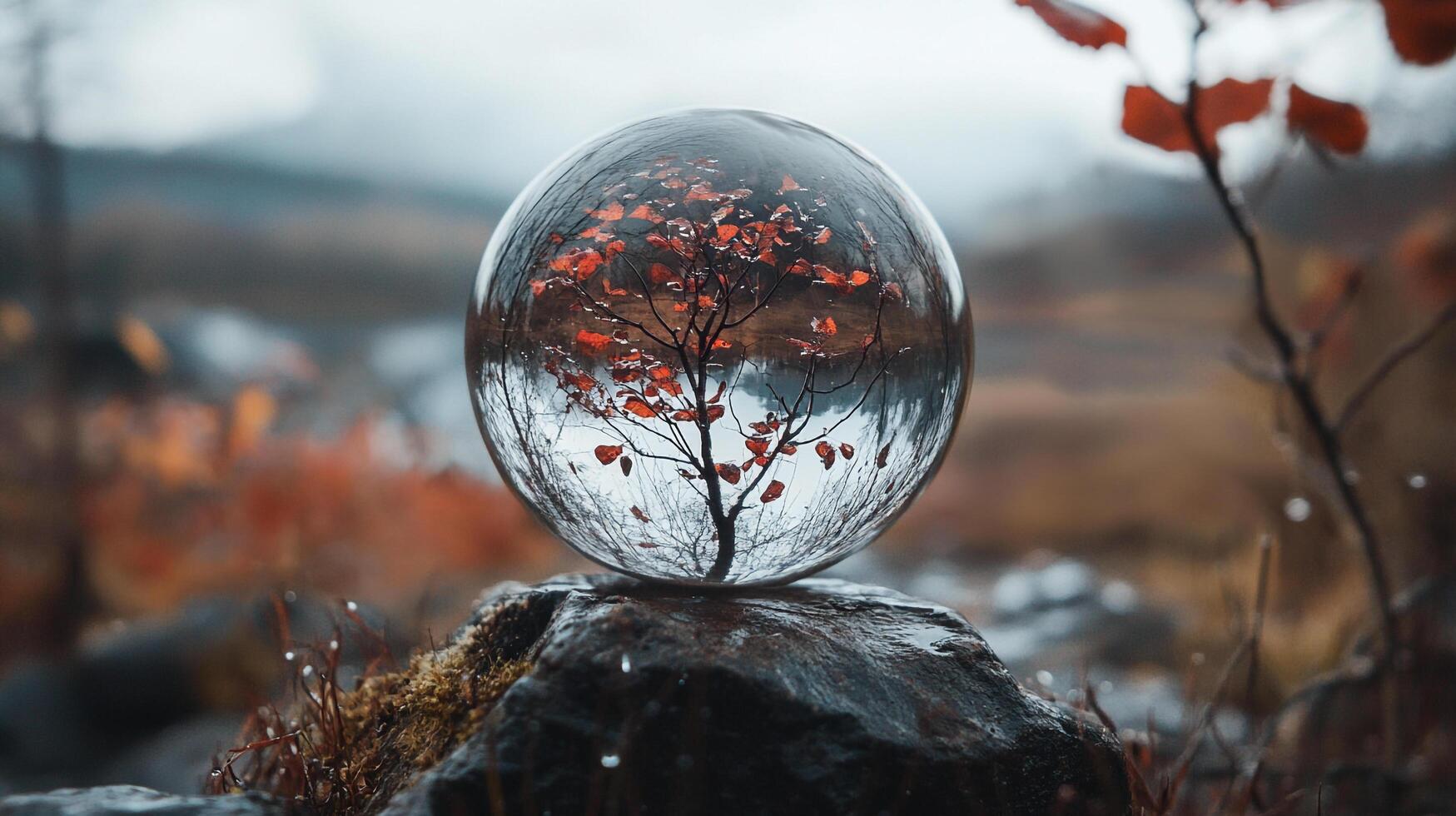 Autumn tree captured in a crystal ball atop a mossy rock, reflecting nature's beauty in a serene, blurred landscape setting. photo