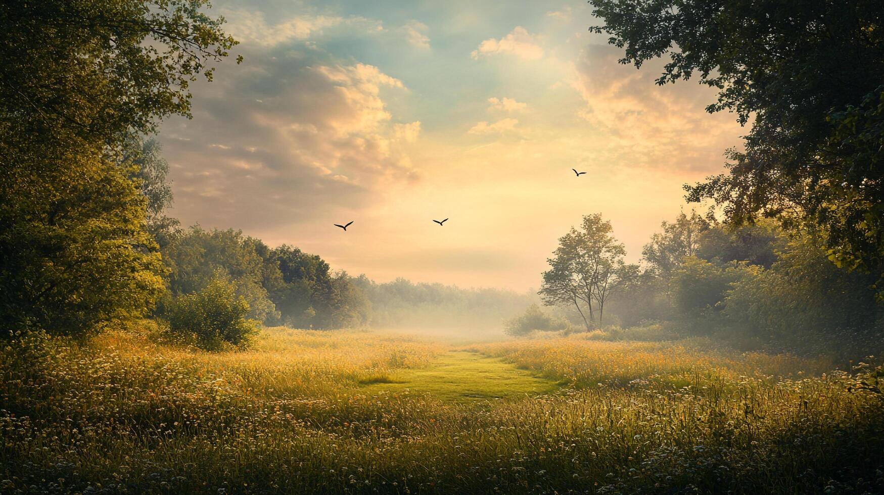Golden meadow at dawn with birds in flight. Peaceful and serene. Trees surround a misty field under a radiant sky. photo