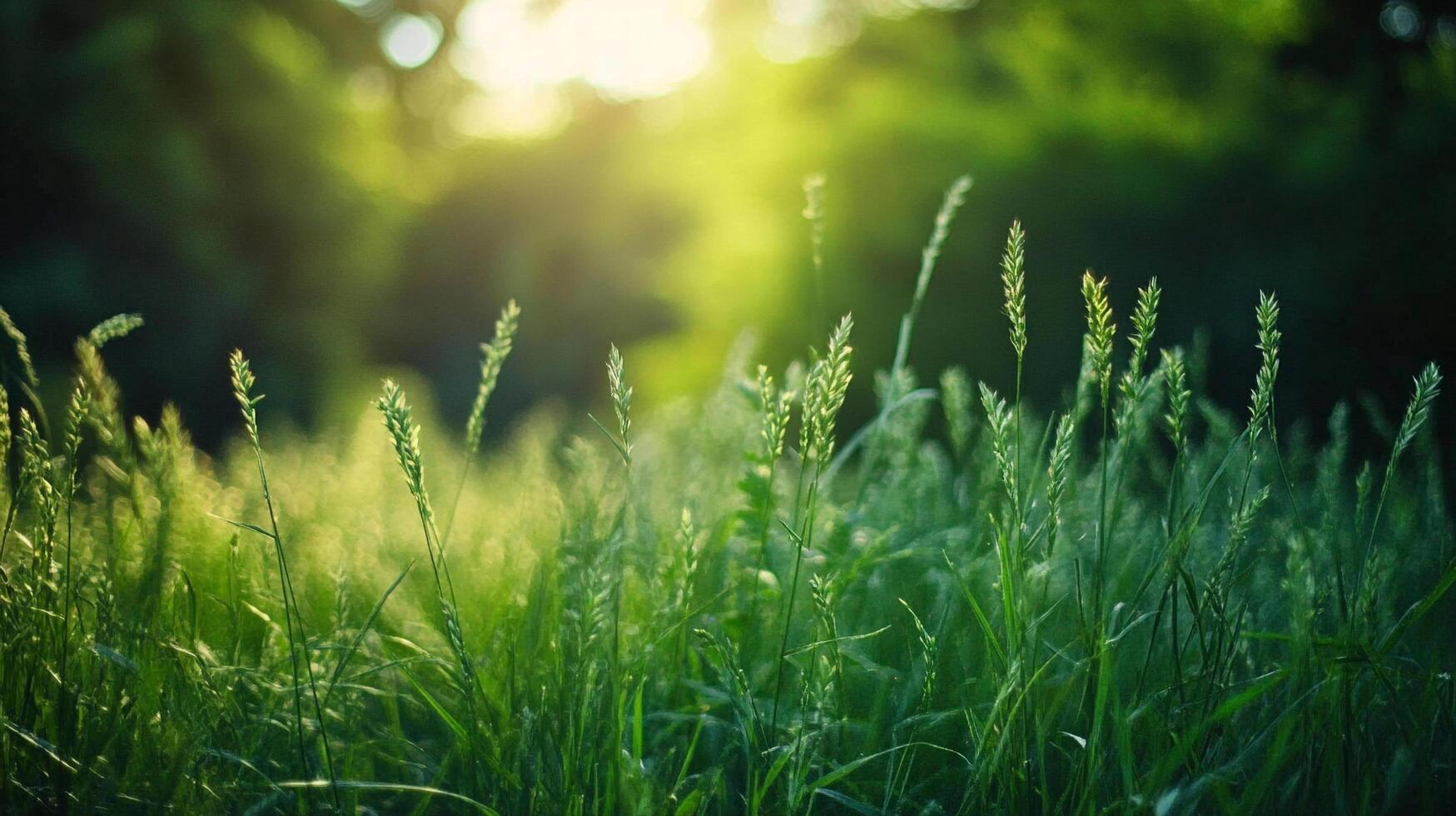 Lush green meadow under sunlight, tall grass swaying gently. Nature's serene beauty captured in a tranquil moment. photo