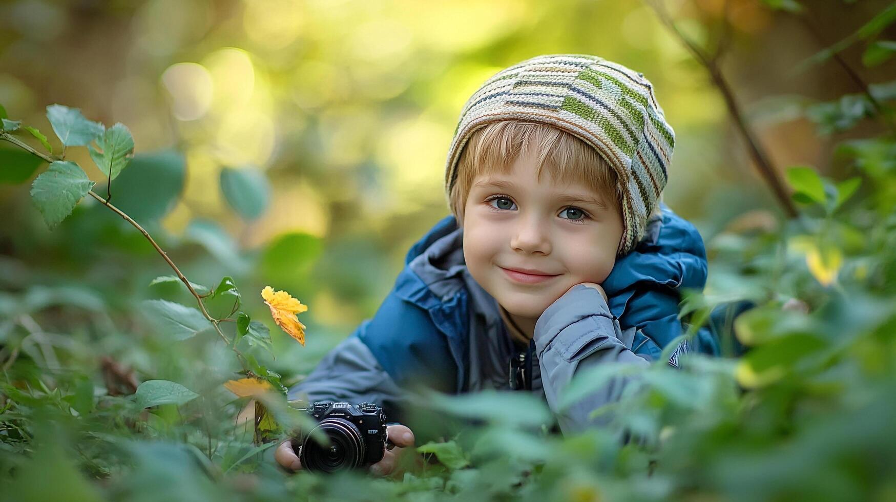 Child photographer in foliage, capturing nature's beauty with a small camera. Youthful passion and creativity in the great outdoors. photo