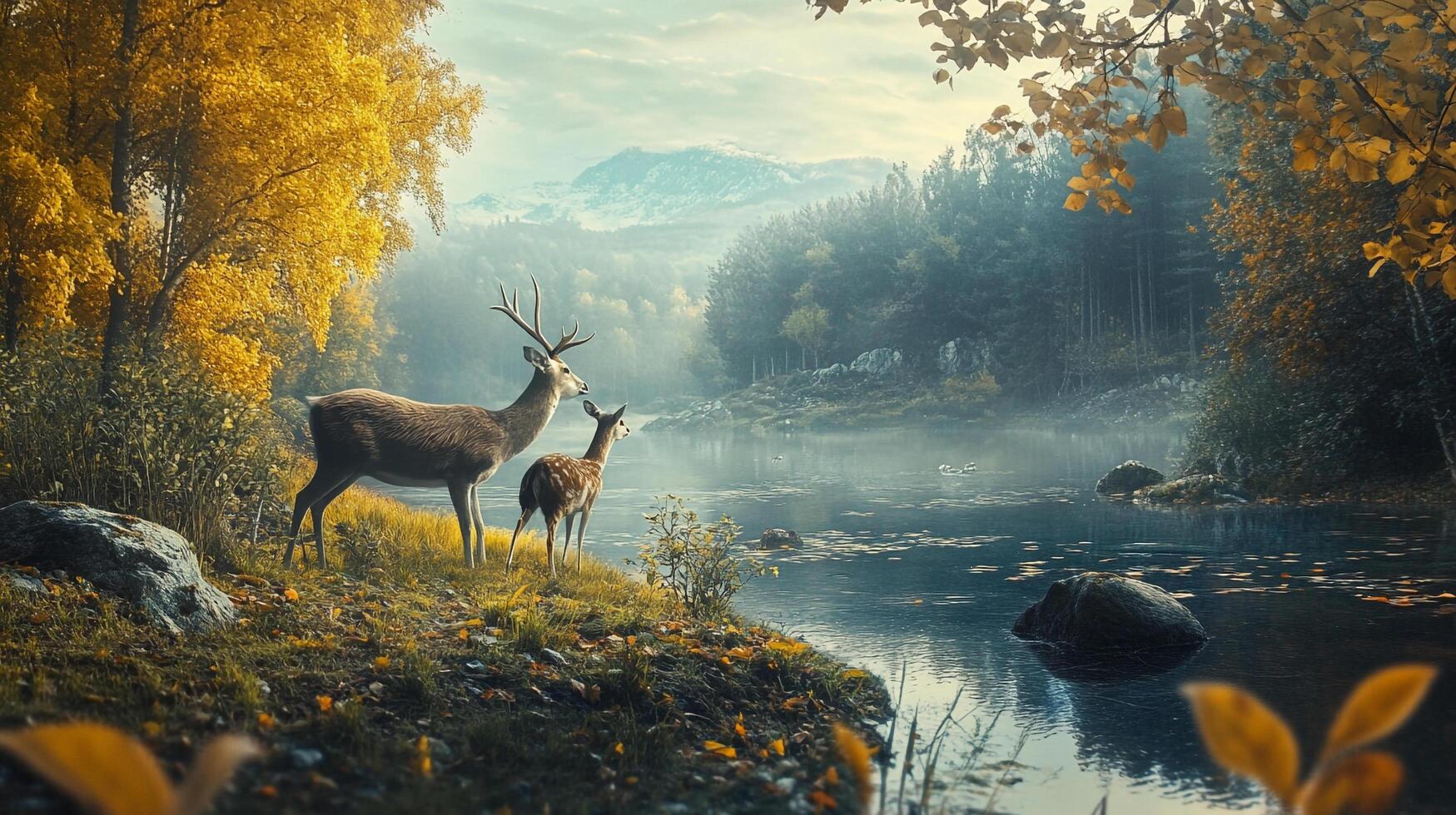 Deer wander by a serene lake, autumn foliage adds a touch of golden beauty. Misty backdrop creates a tranquil natural scene. photo