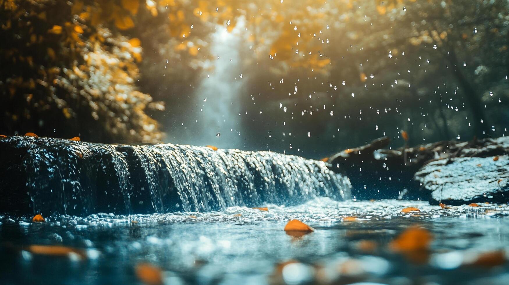 A refreshing small waterfall flowing over a rocky outcrop, surrounded by autumn foliage and sunlight filtering through. photo