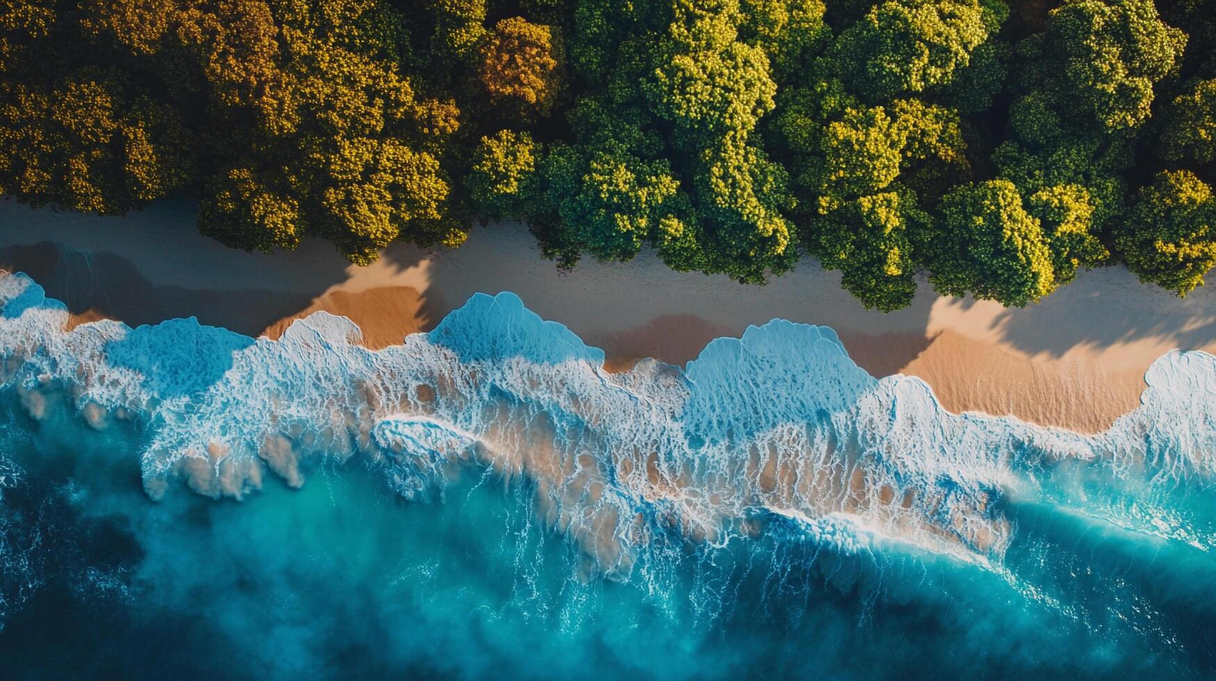 Aerial view of the shore with turquoise waves meeting the sand, next to lush greenery. Tranquil beach scene from above. photo