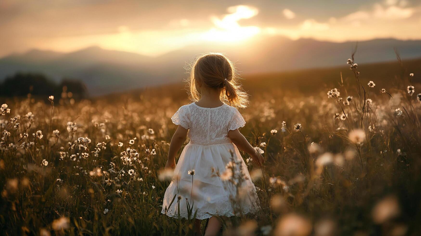 Girl walking through wildflowers at sunset, mountains and sky in background, wearing white dress, serene and beautiful outdoor scene. photo