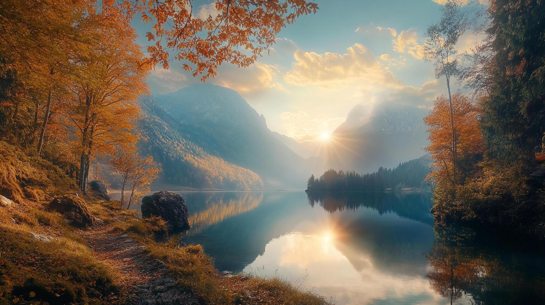 Autumn splendor at the lake, mirrored in serene waters. Mountains rise, sun breaks through clouds. Tranquil scene. photo