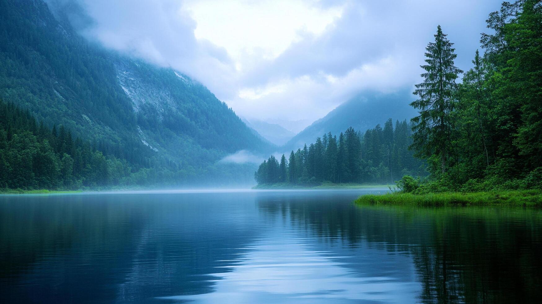 Tranquil alpine lake surrounded by forests and mountains shrouded in mist, creating a serene and scenic nature landscape. photo