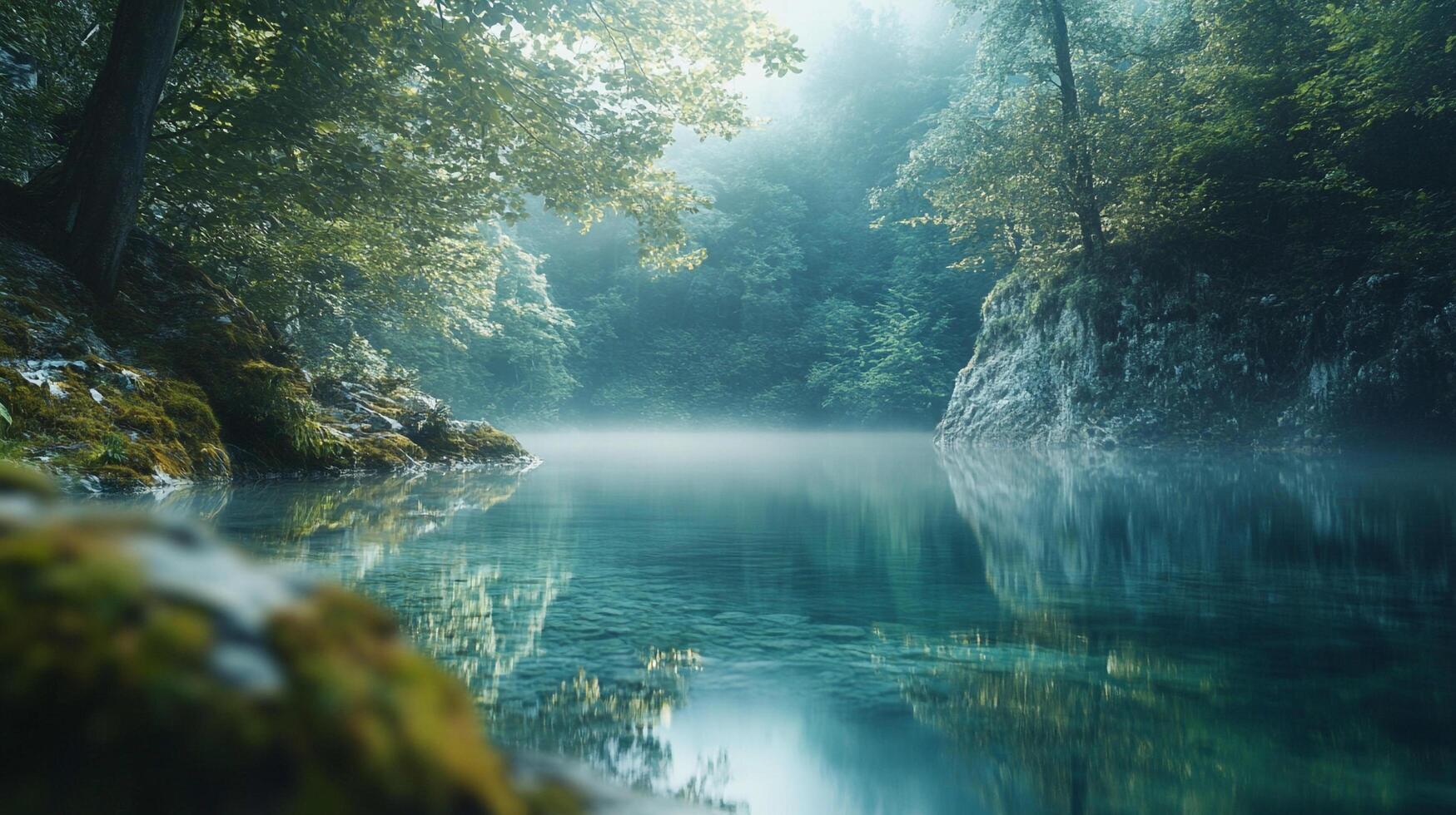 Tranquil lake scene with reflections of trees and cliffs, shrouded in early morning mist, creating a serene and peaceful atmosphere. photo