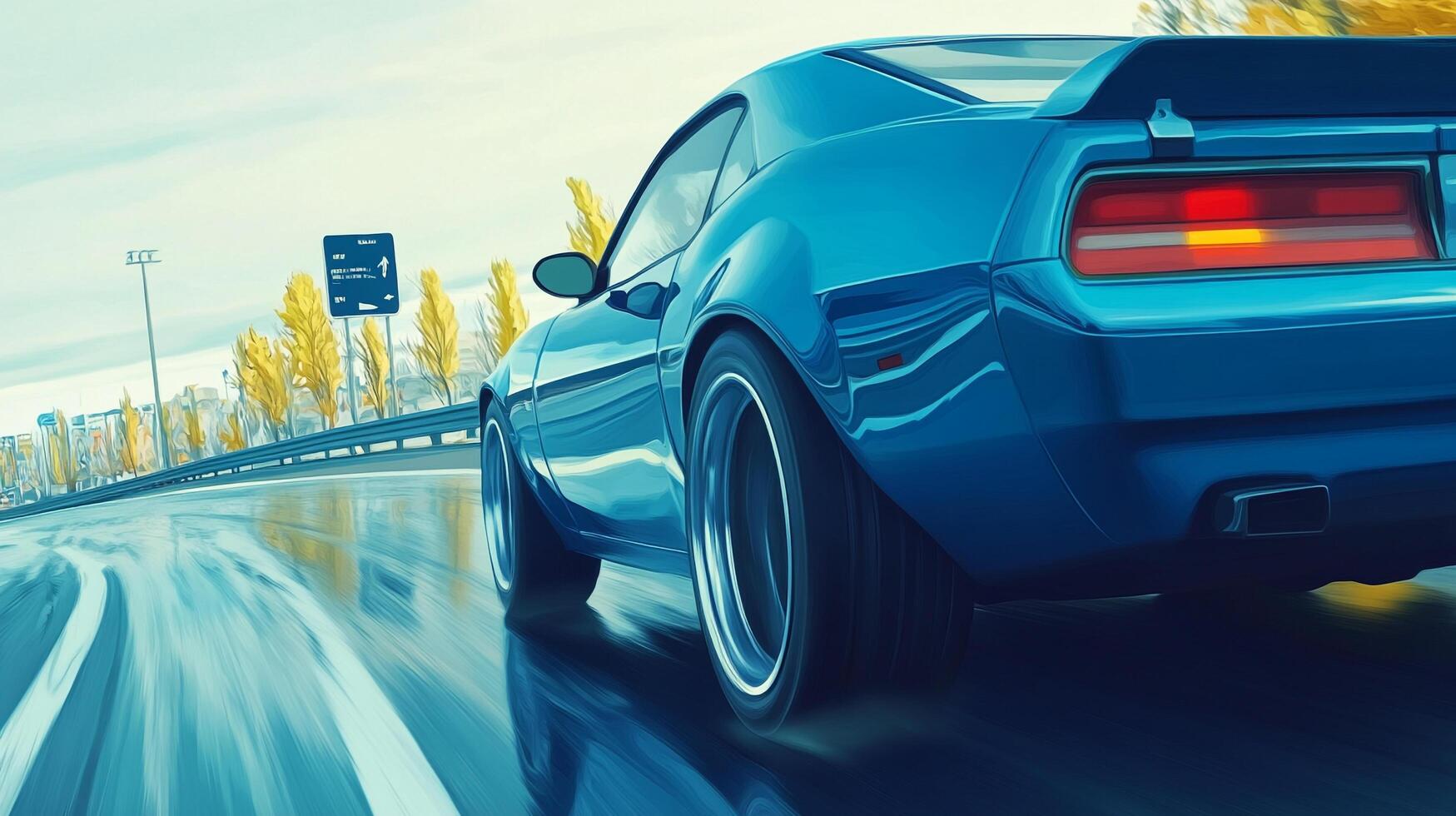 Classic blue car driving on a wet highway with a sunny sky, reflecting the speed and power of this retro vehicle on an open road. photo