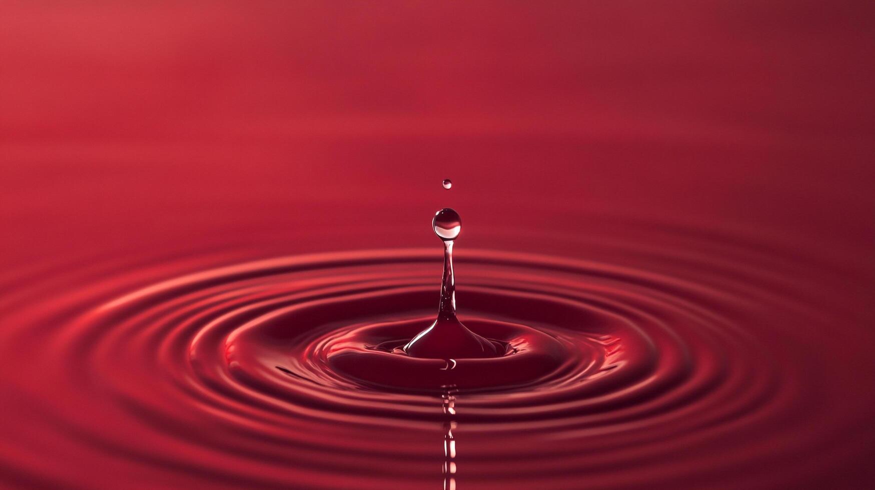 Captivating image of a falling drop creating perfect circular waves on a red surface. The drop is reflected with clarity and perfection. photo