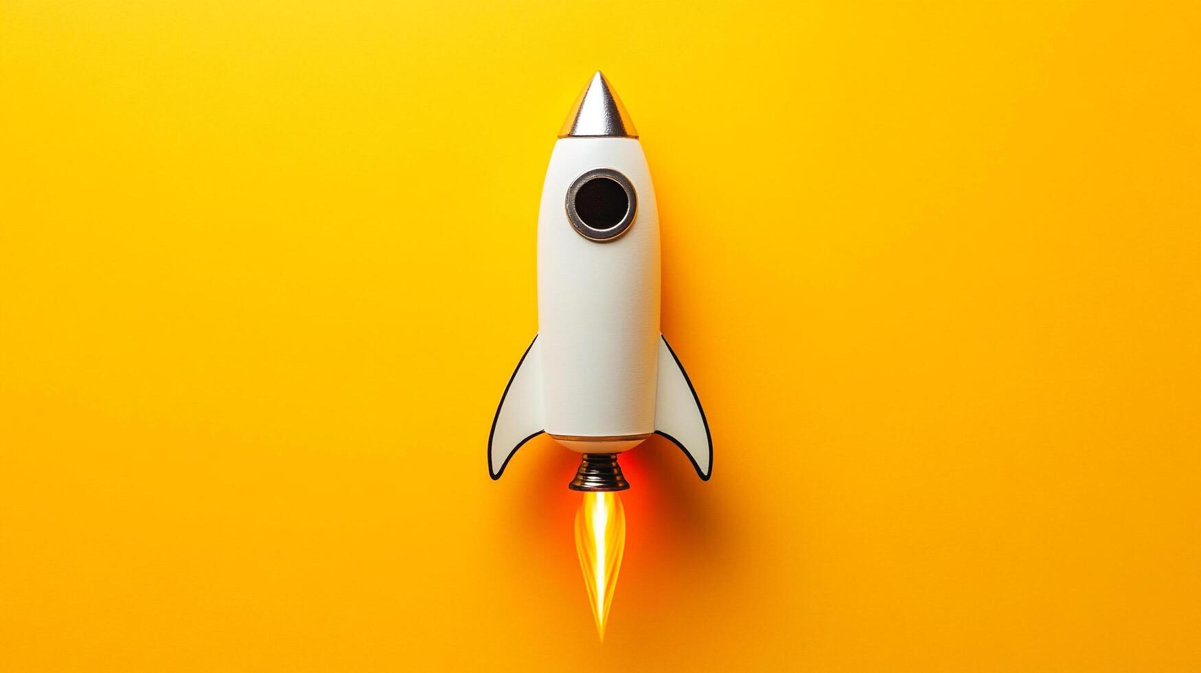 A retro-styled rocket ship soars upwards, spewing fire from its thrusters, set against a bright yellow background. Represents innovation. photo