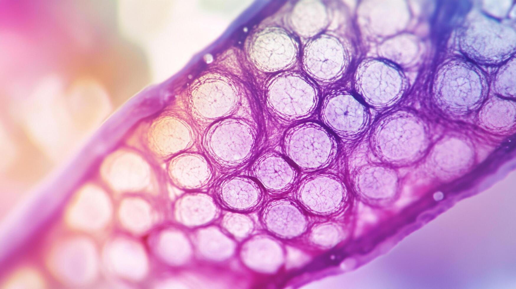 Close-up of cells with a purple outline. The cells look like they are from a living organism under a microscope with white and purple colors. photo