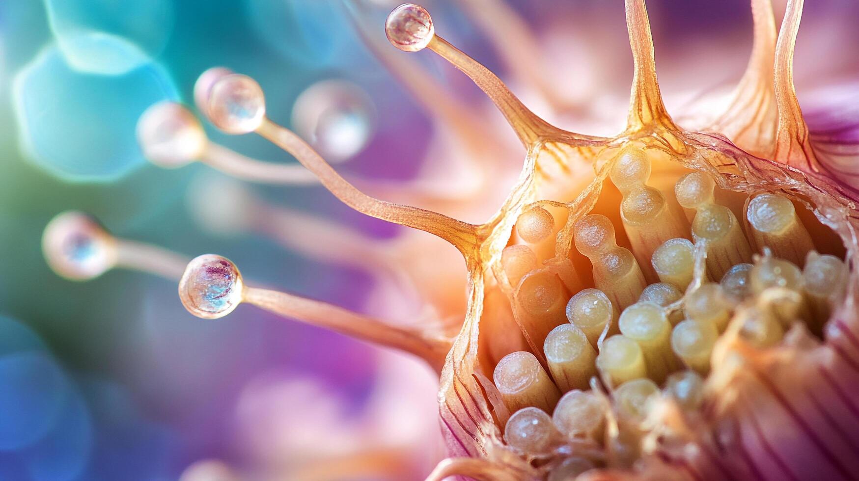Macro image showcasing intricate flower stamen detail, pollen-bearing filaments, and pistil style. Focus on biological structure and reproductive parts. photo