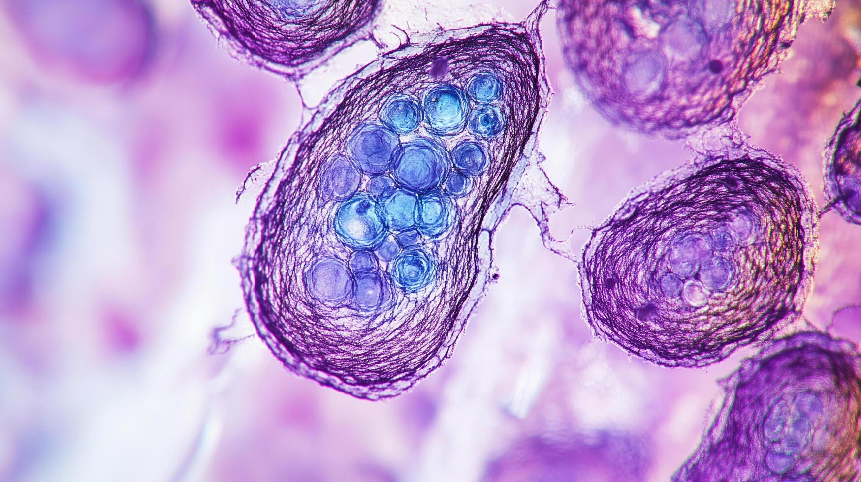 Microscopic image of cellular structures. The cells show a purple membrane filled with blue spheres, viewed at high magnification. photo