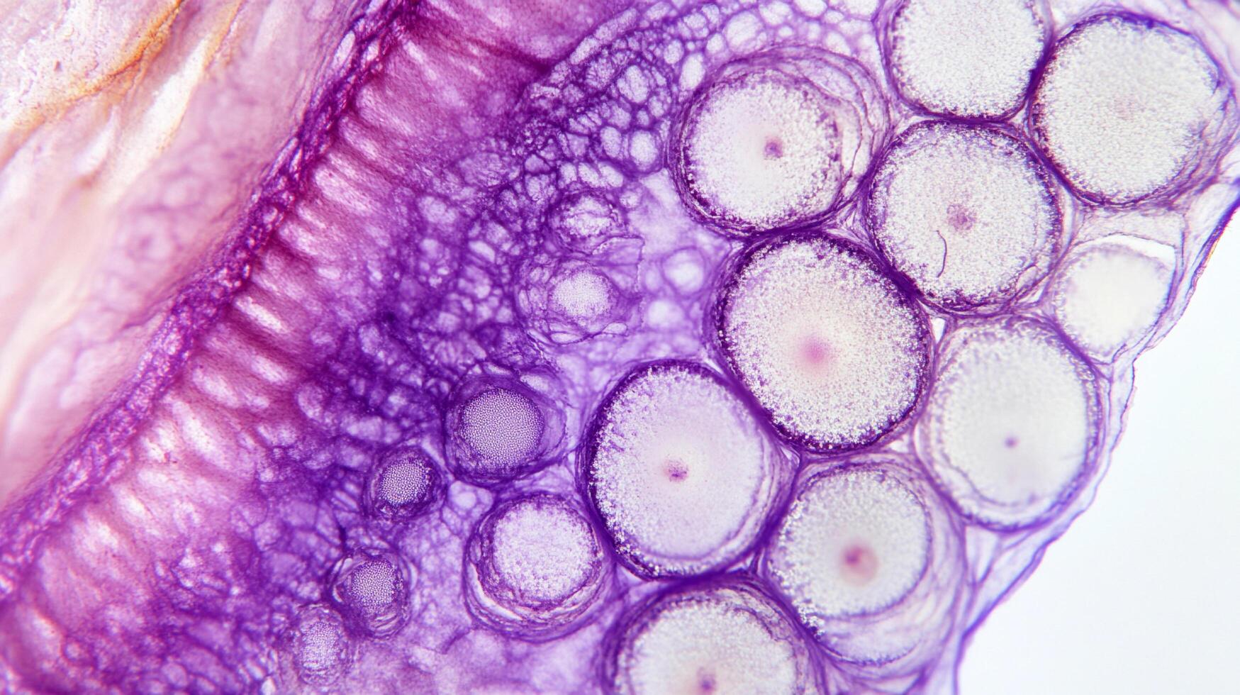 Microscopic close-up reveals a striking composition of cells and tissue in lavender and white, a captivating study in biological structures. photo