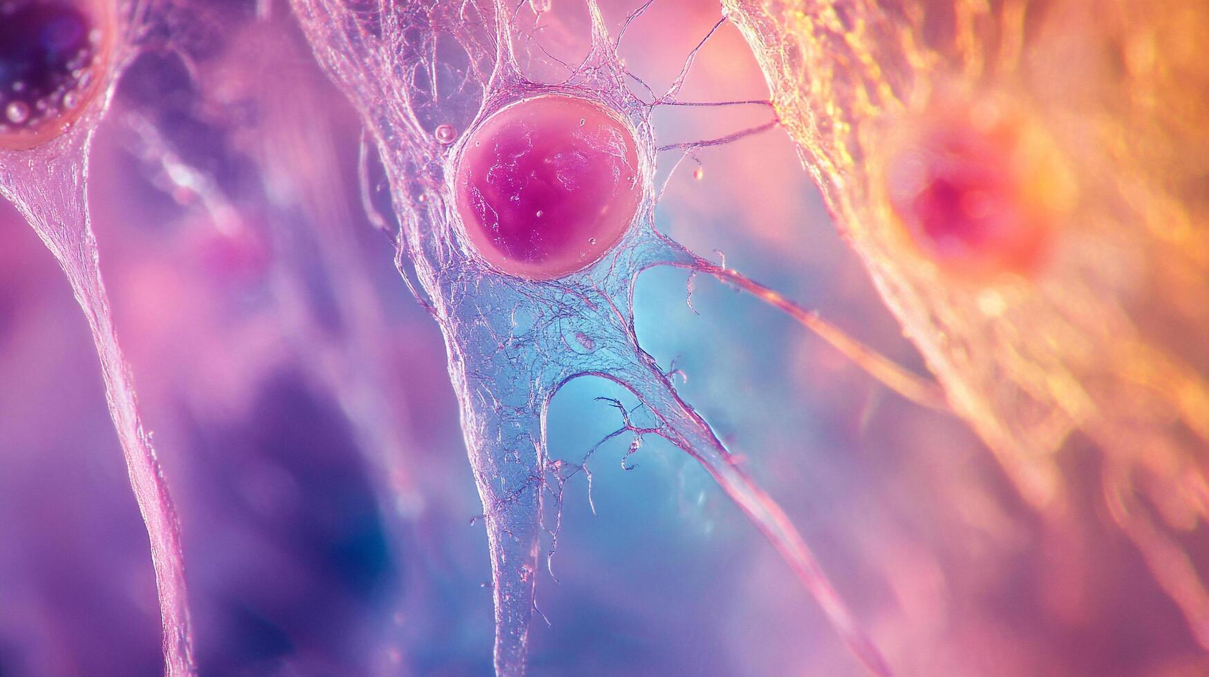Microscopic cell structure shows the intricacies of biological forms with pink, purple, and blue hues, revealing the delicate architecture. photo