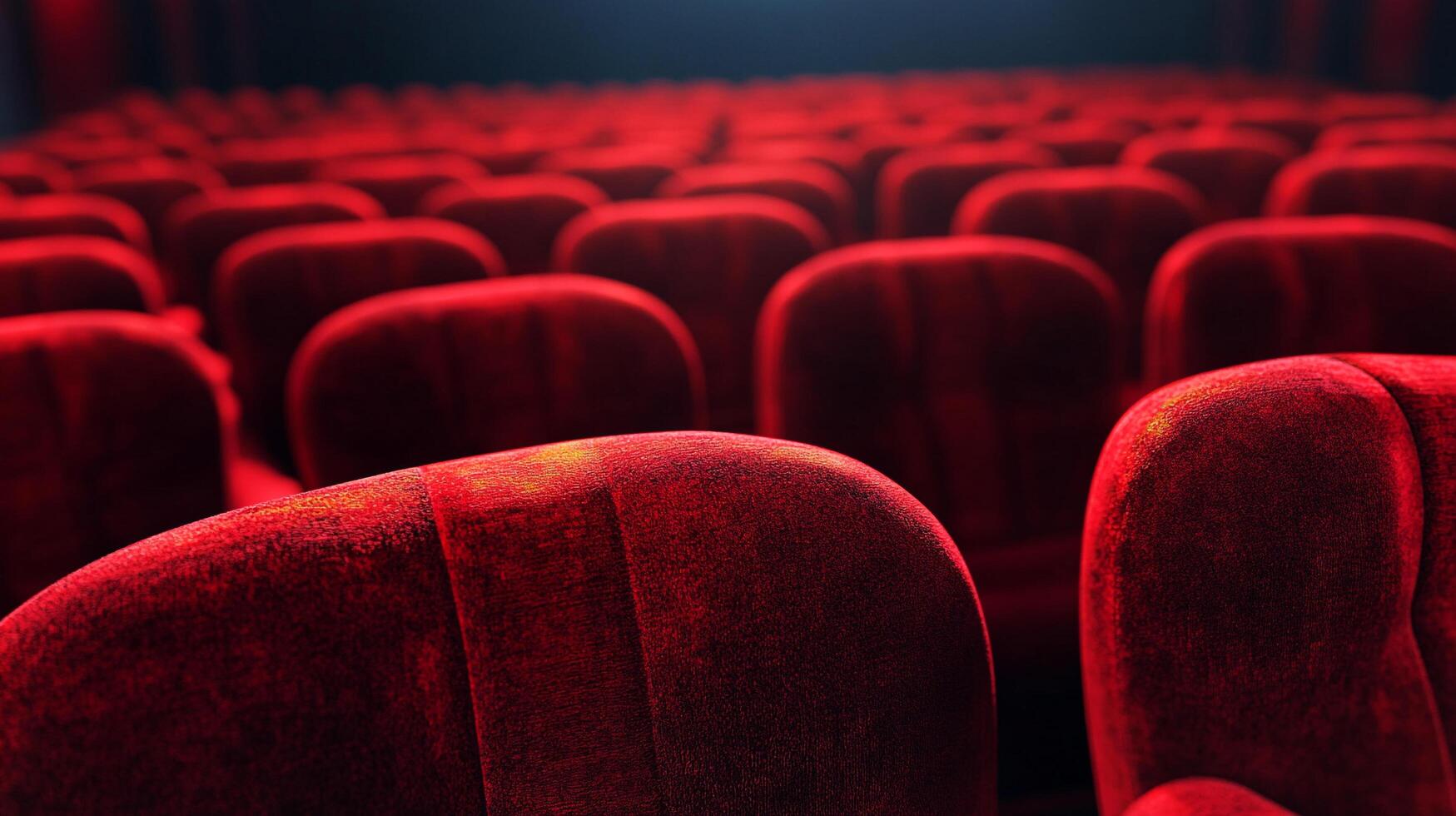 Rows of plush, velvety red seats stretch into the distance, inviting viewers to a cinematic experience in a darkened movie theater. photo