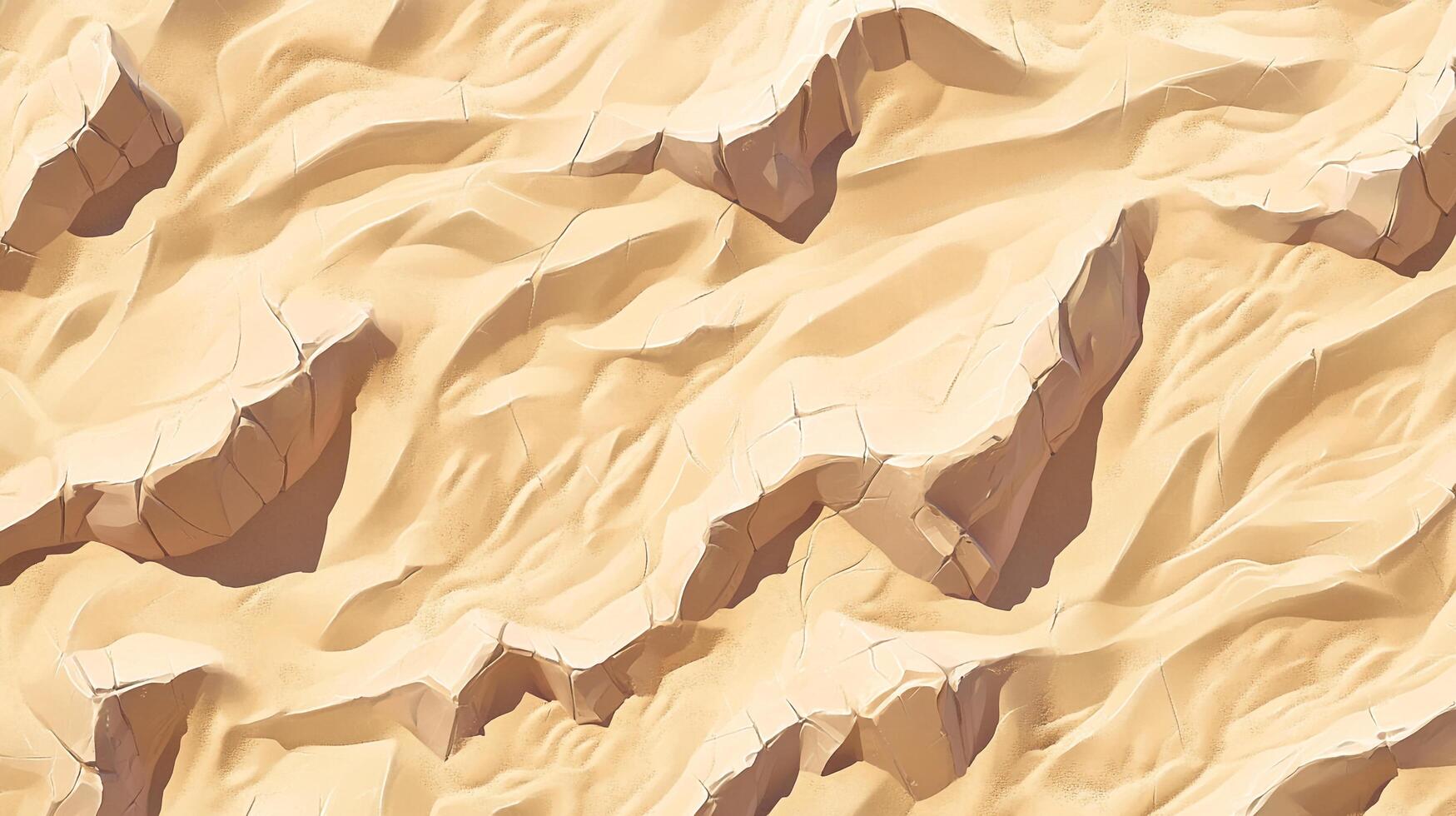 Sandy vista of rolling dunes and rocky terrain in a monochromatic landscape. Light brown hues with shadows adding depth and dimension. photo