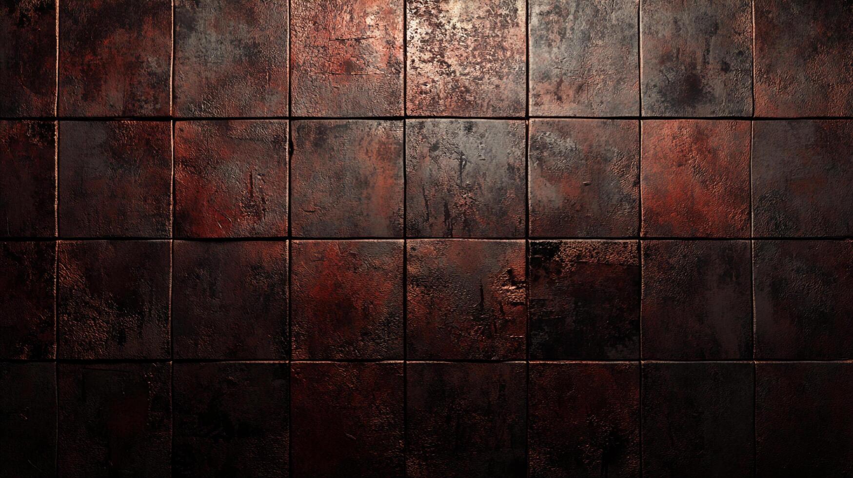 A grunge-style textured wall featuring square, worn, and aged tiles with a predominantly dark red and brown color scheme. photo