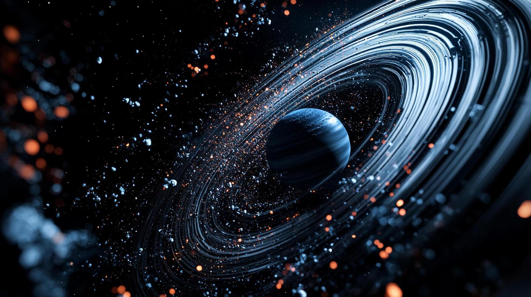 A vibrant planet with striking rings, set against a backdrop of sparkling cosmic dust creating a stunning celestial display. photo