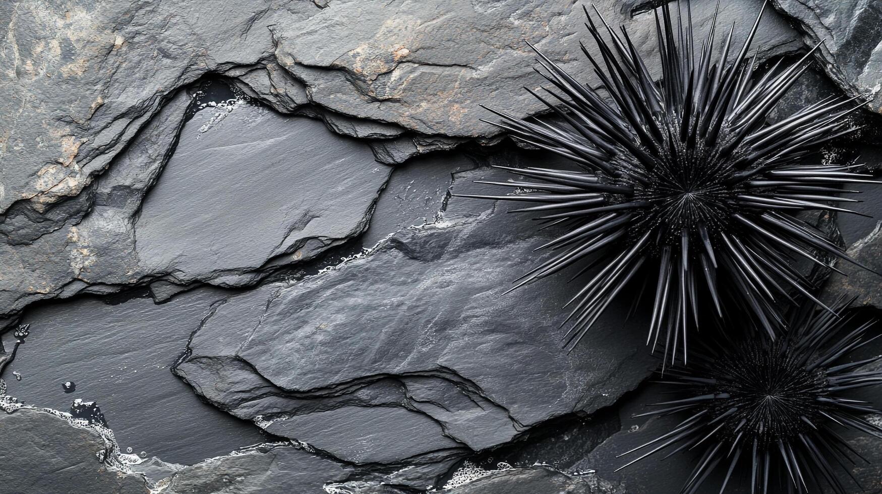 High-angle shot of a black sea urchin lying on top of a rock formation, showcasing textures and contrasts in nature. photo