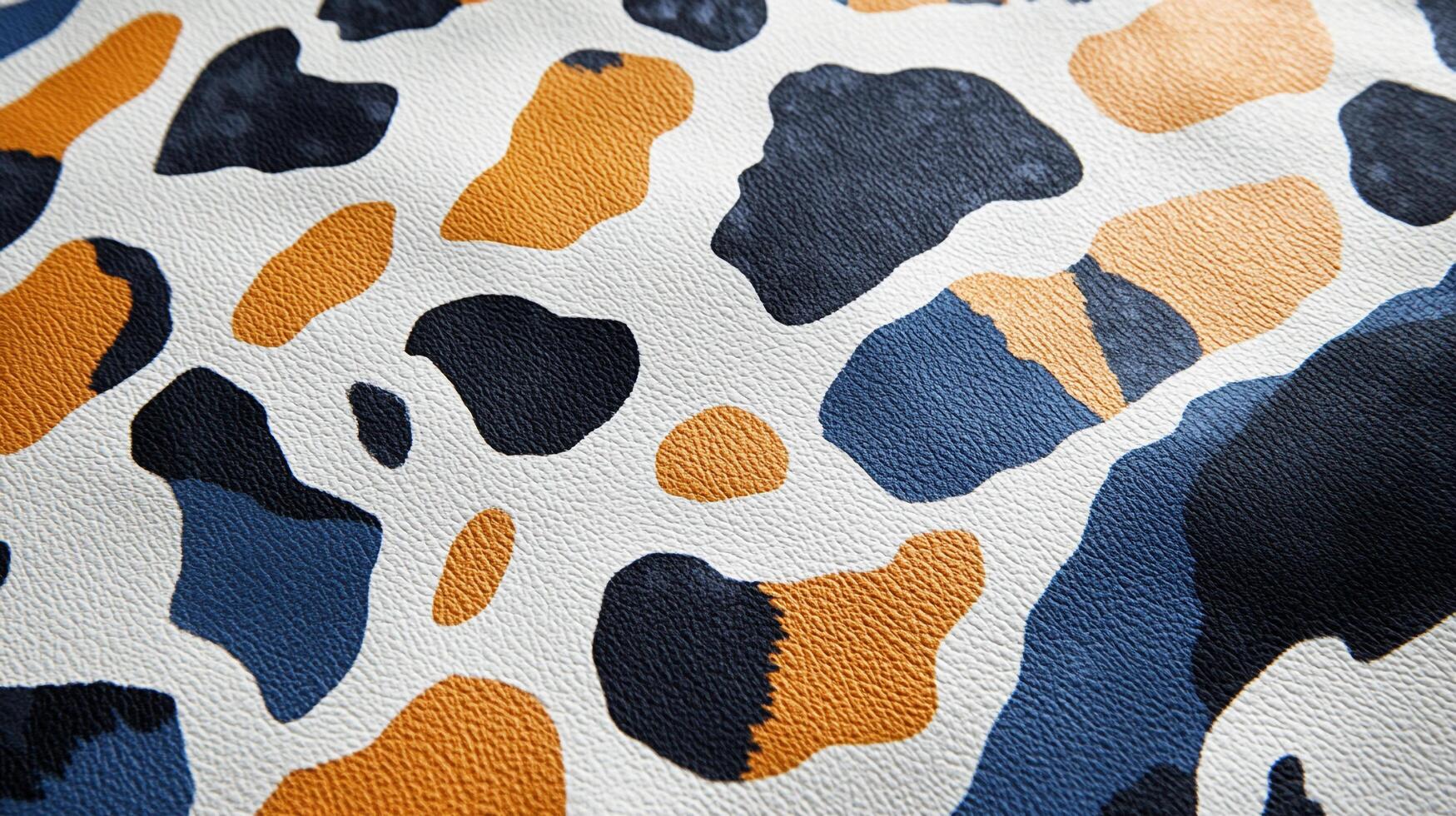 Abstract, textured leather pattern with asymmetrical spots in blue, orange, and dark gray on a white background. Close up view. photo