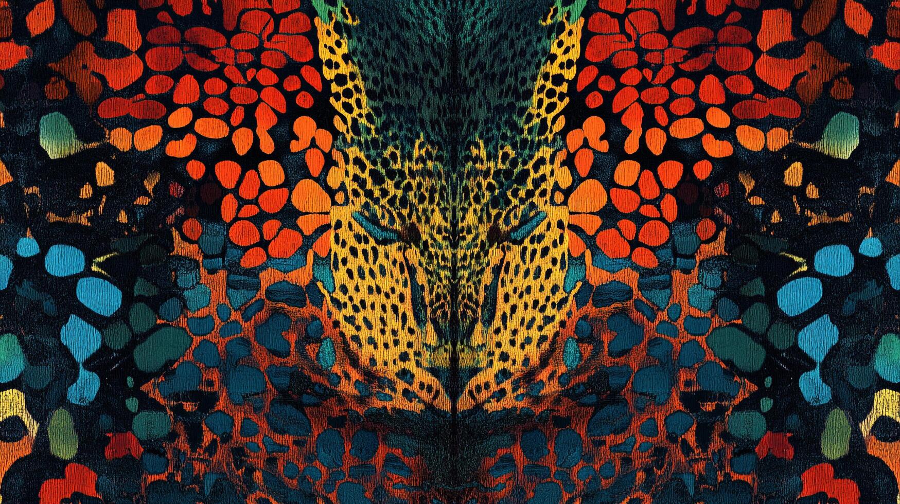 Vibrant, abstract fractal design featuring symmetric arrangements of colorful, organic shapes reminiscent of nature's patterns. photo