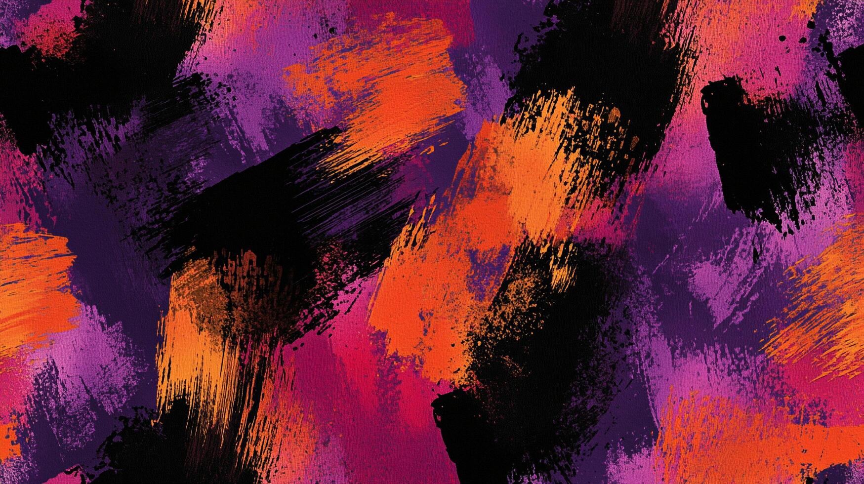 Dynamic abstract painting with bold brushstrokes of orange, purple, and black, creating a visually striking textural surface. photo
