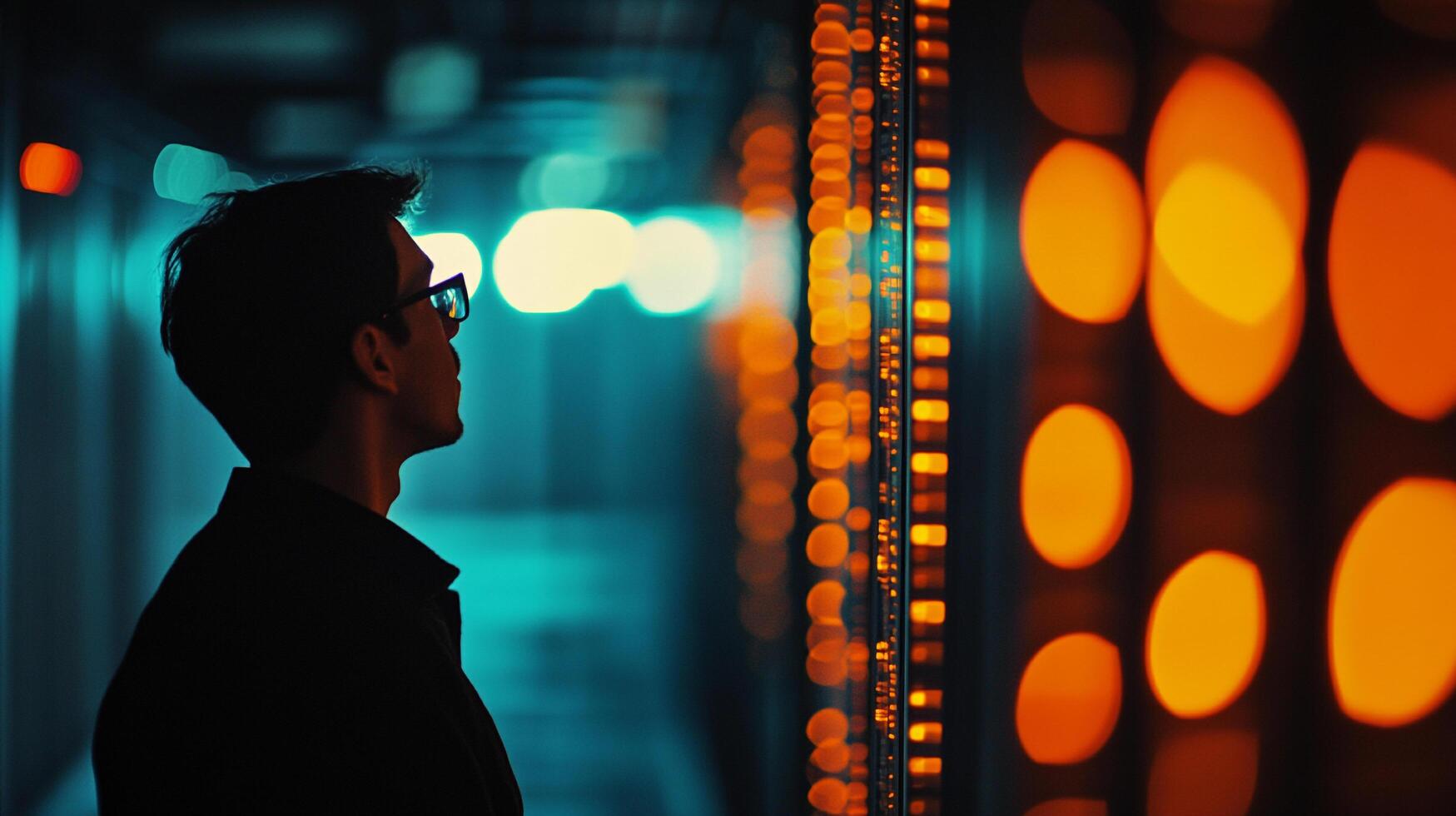 Man in glasses looks toward a wall with vertical lines of orange lights in a dark room, creating an atmosphere of mystery and intrigue. photo