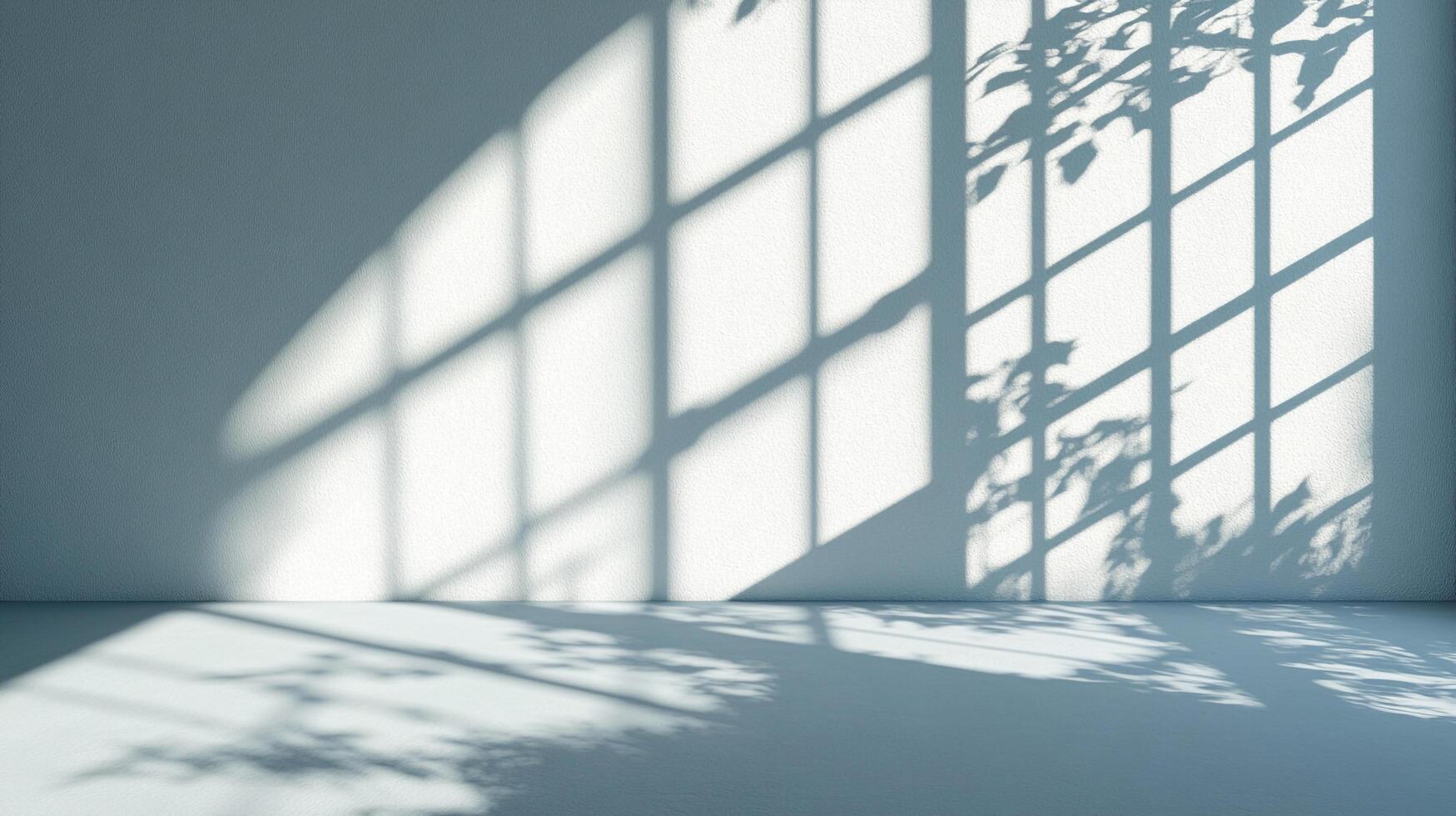 Sunlight streams through a window, casting captivating shadows on a stark wall and floor, creating an atmosphere of serene simplicity. photo