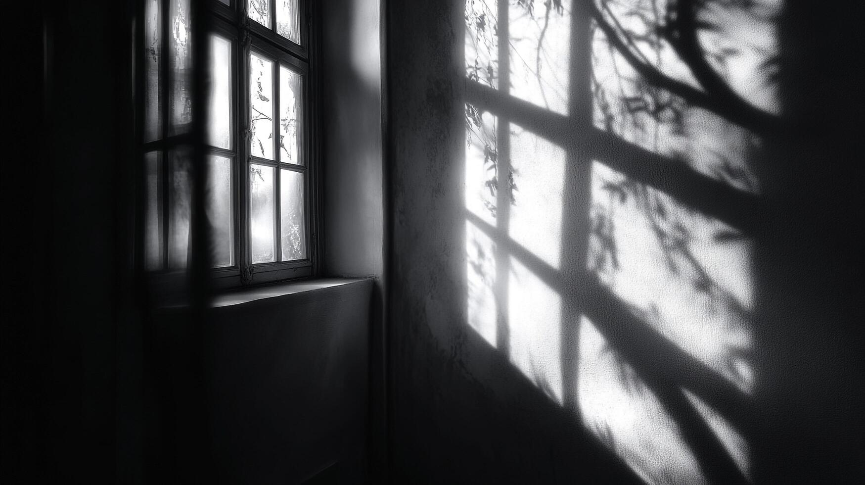 Ethereal window light and shadow dance on the wall. A serene and calming interior scene evokes a sense of peace and introspection. photo