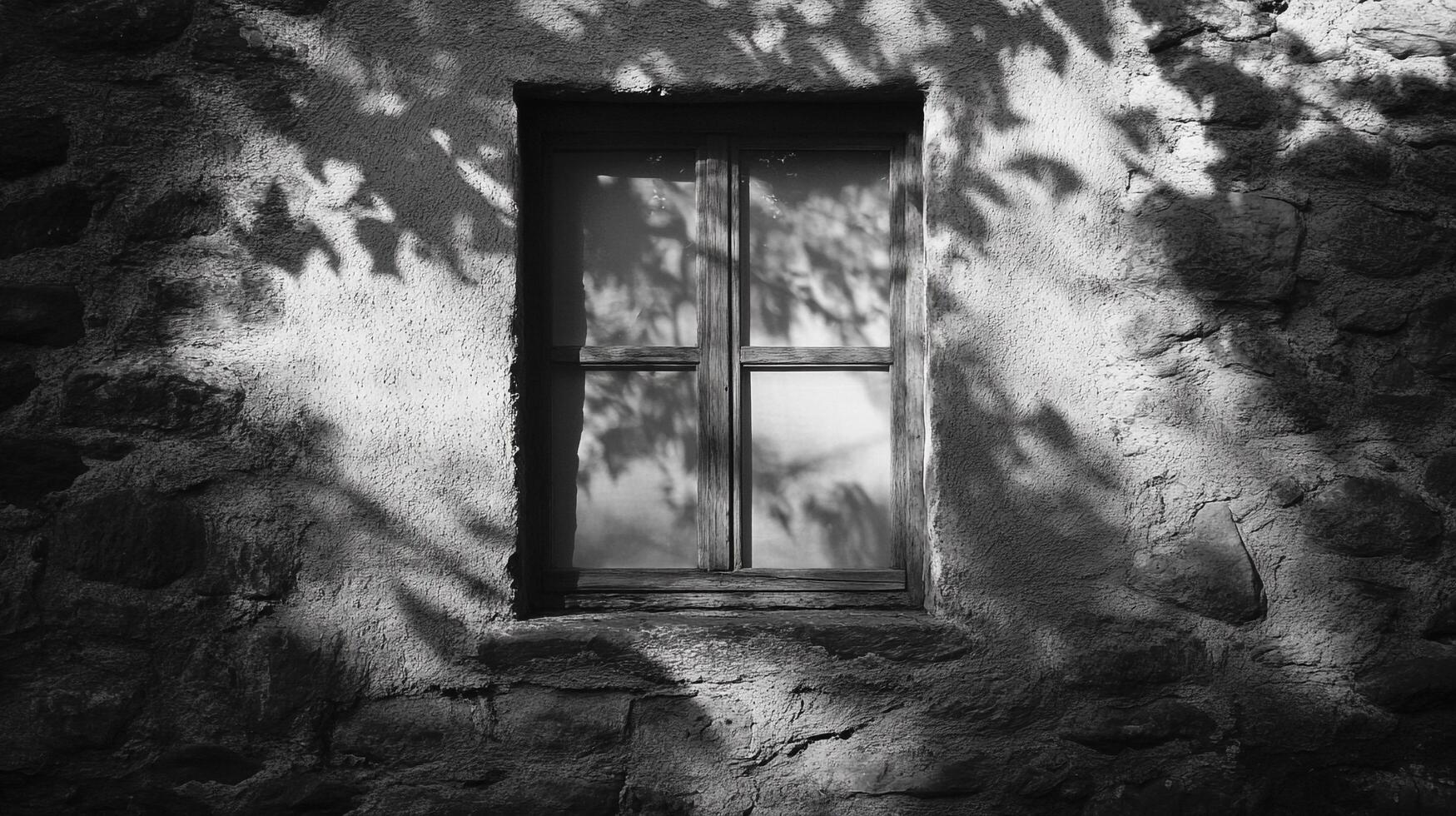 Window on stone wall with leaf shadows, black and white. Stark contrast highlights textures and creates a sense of rustic tranquility. photo