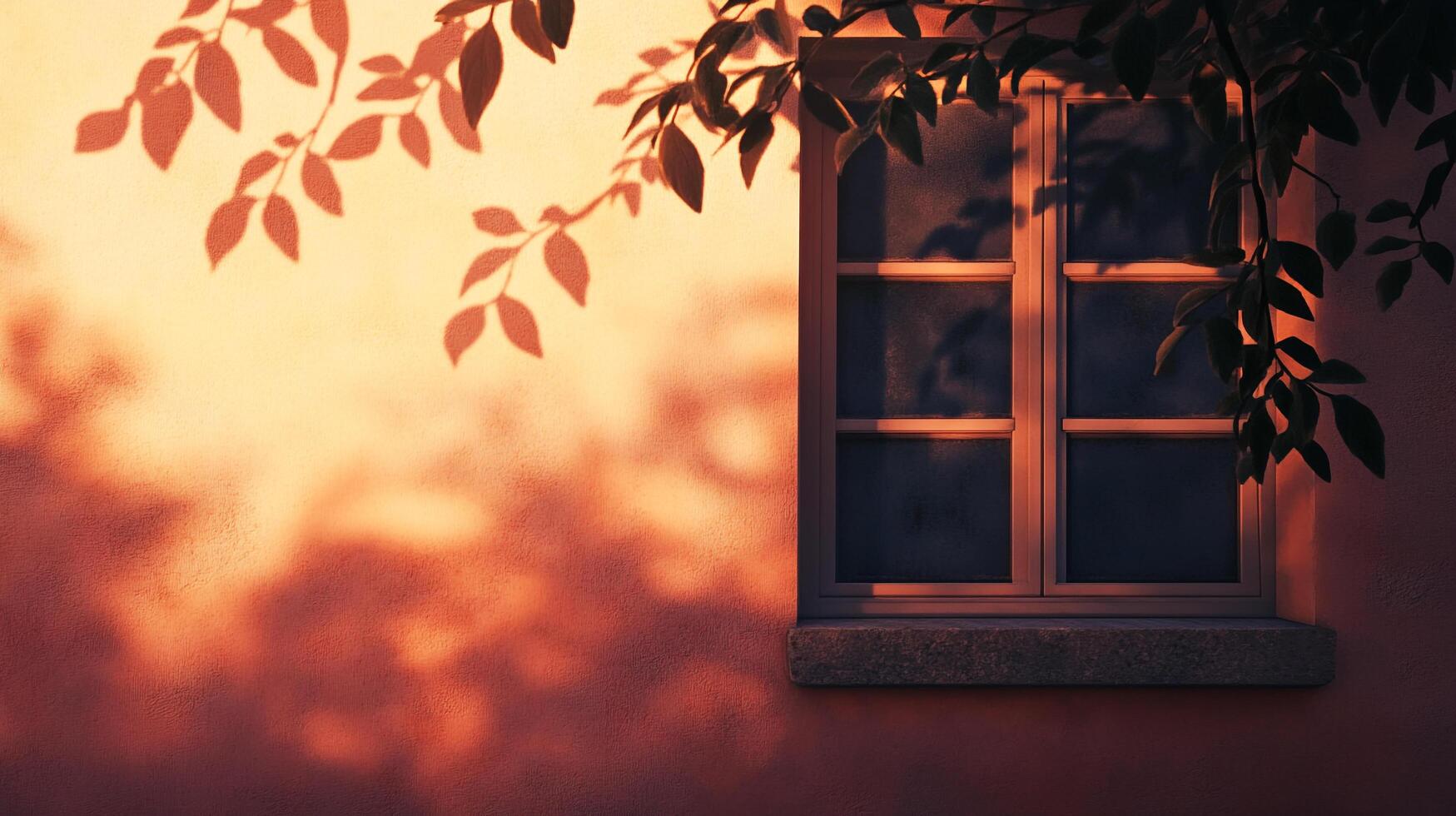 Serene window view with leaf shadows, bathed in golden light, evoking a sense of tranquility and natural beauty. photo